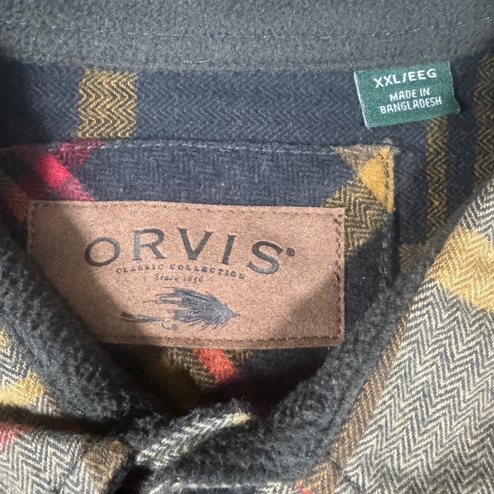 Orvis Classic Collection Flannel Shirt Mens XXL Brown Plaid Herringbone Thick - Picture 2 of 7